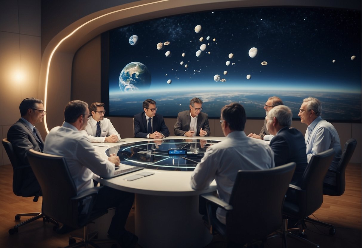 A group of small nations collaborating on space research, exchanging ideas and technology, with satellites and rockets being developed and launched