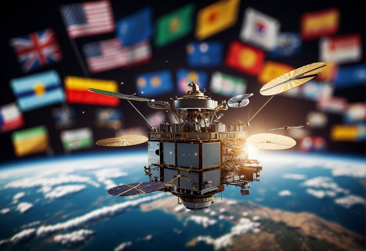 A network of small satellites orbiting Earth, with a launch pad and rocket preparing for liftoff, surrounded by a diverse group of small nation flags