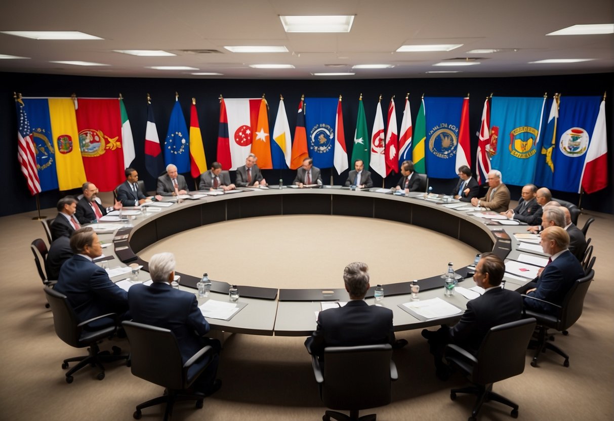 Small nations collaborate on space law. Flags of diverse nations fly at a roundtable discussion. Legal documents and satellite models fill the room