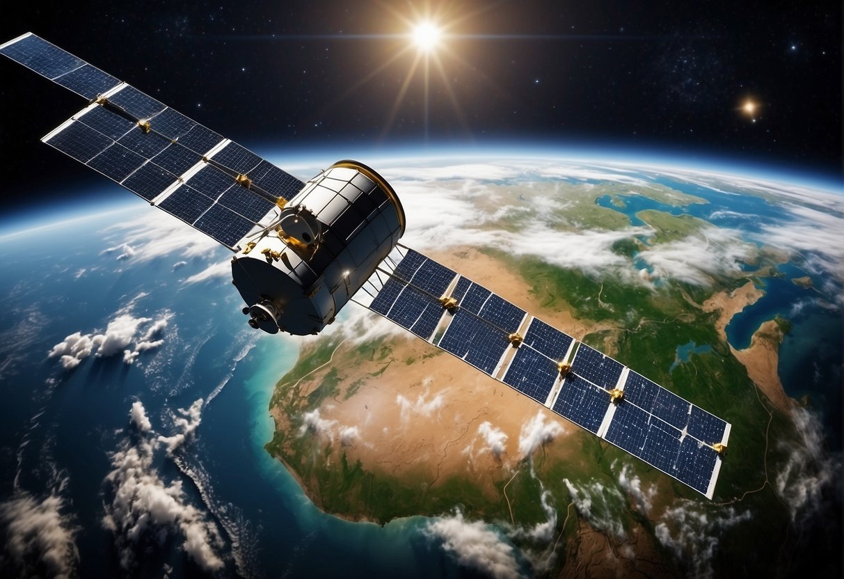 A small nation's satellite orbits Earth, harnessing solar energy for long-term sustainability. It collaborates with other nations to advance environmental considerations in the global space community