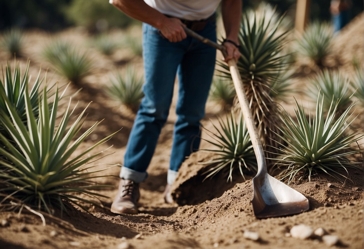 A person digs up yucca plants with a shovel and removes the roots from the ground