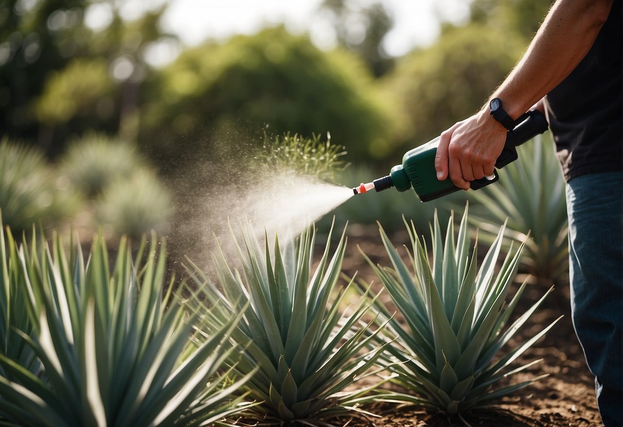 A person sprays herbicide on yucca plants in a garden