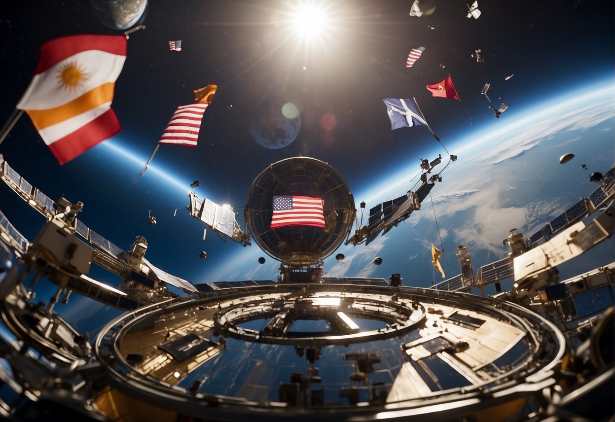 Small nations engage in global space community. Flags of diverse countries surround a collaborative space station. Satellites orbit above, connecting nations