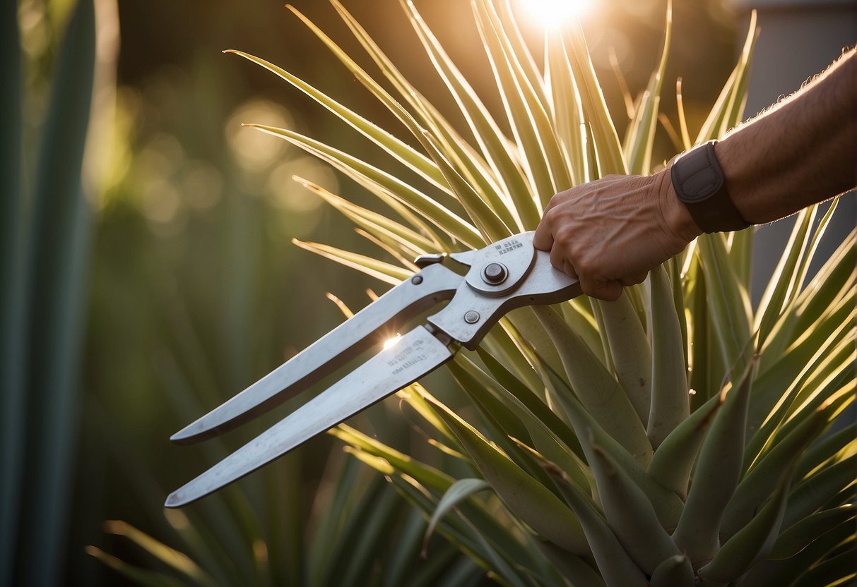 A pair of garden shears hovers over a tall, spiky yucca plant. The sun casts a warm glow on the green leaves as the gardener prepares to prune