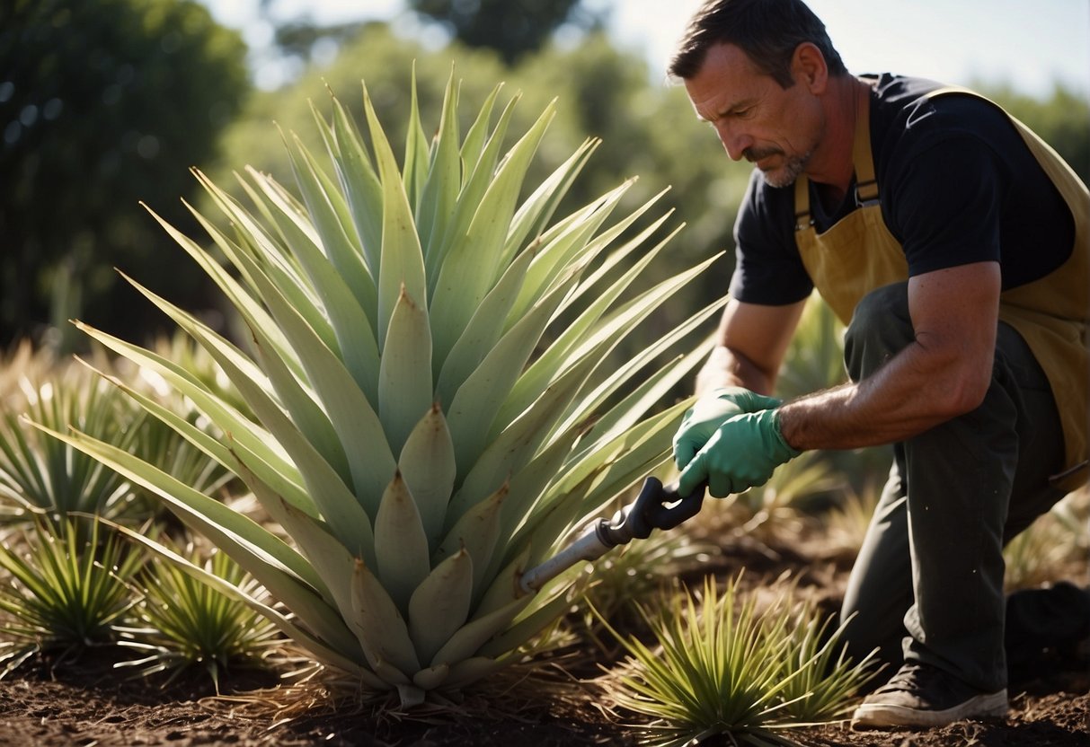 The gardener trims the outdoor yucca plants, removing dead leaves and cutting back overgrown stems. The pruned plants stand tall and tidy in the sunlight