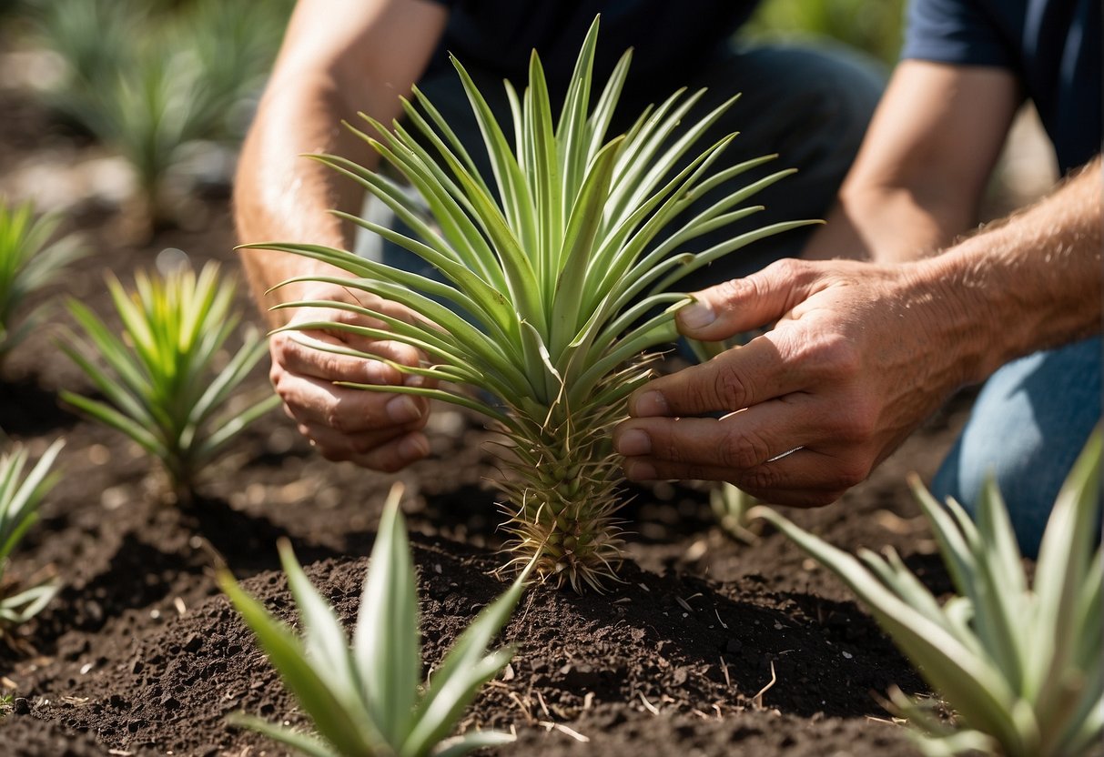 A yucca plant is being carefully transplanted into a new outdoor location in Massachusetts, with the gardener ensuring proper care and attention to detail