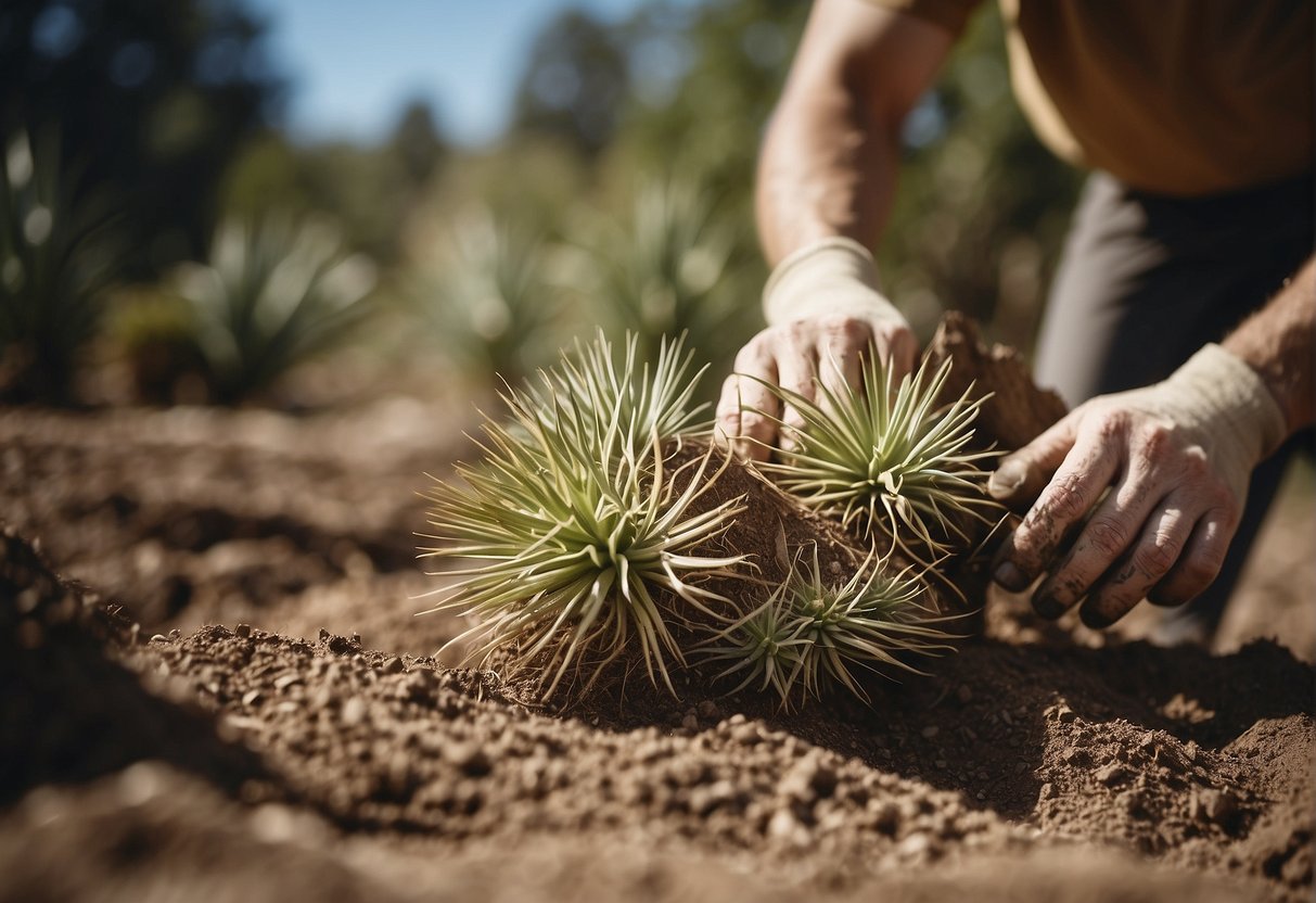 A gardener carefully digs up a mature yucca plant, ensuring to keep the root ball intact. They then transport it to a new location and replant it in well-draining soil, providing ample water and sunlight for optimal growth