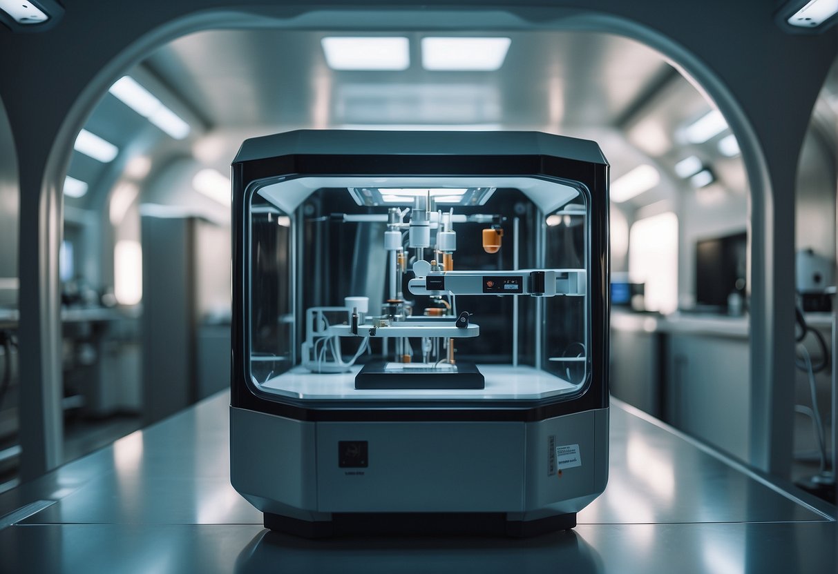 In a zero-gravity environment, a bioprinter floats, creating tissue constructs. The printer is surrounded by advanced medical equipment and a view of the Earth from space