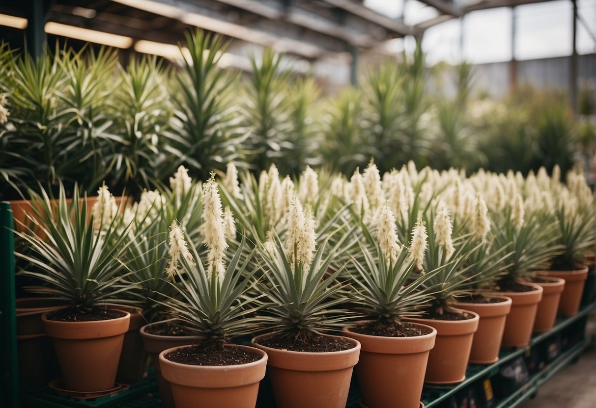 A garden center displays various yucca plants in pots, with price tags and care instructions