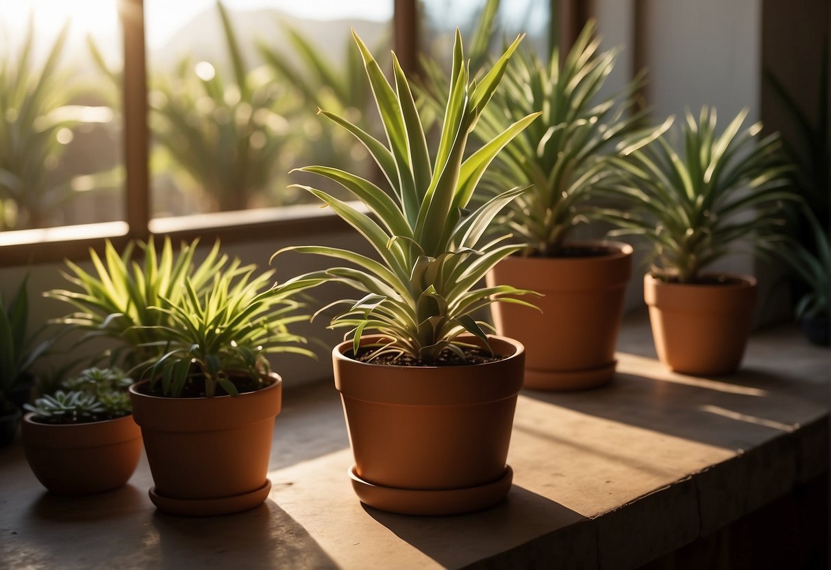 A hand watering a yucca plant in a terra cotta pot. Sunlight streams through a nearby window, casting a warm glow on the green leaves