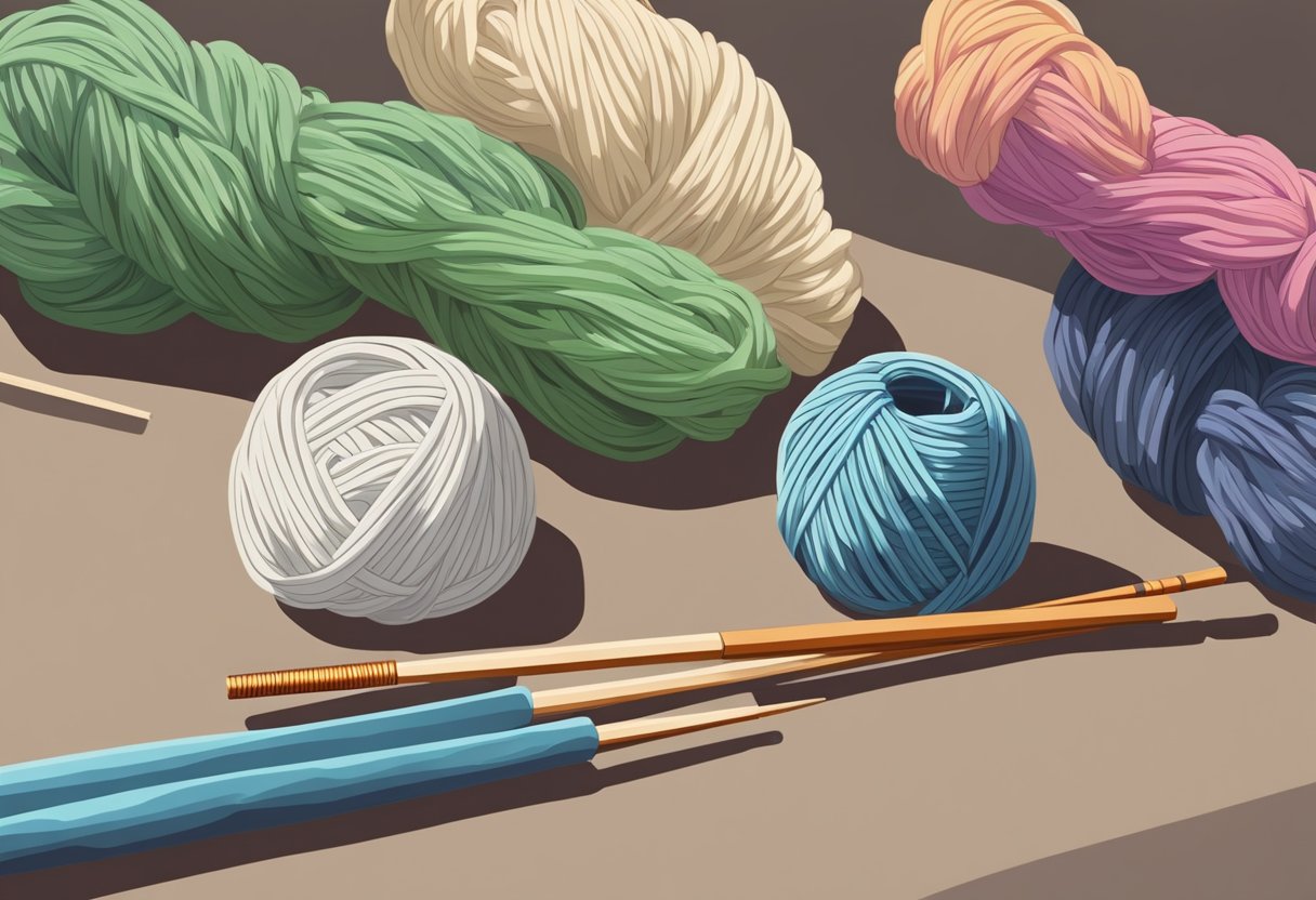A pair of chopsticks and a ball of yarn sit on a table. The chopsticks are positioned as if ready to knit, with the yarn draped over them