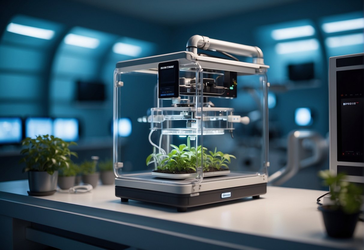 A bioprinter floats in a zero-gravity environment, surrounded by futuristic medical equipment and plants. A sign on the wall reads "Ethical Considerations and Policies Bioprinting in Space."