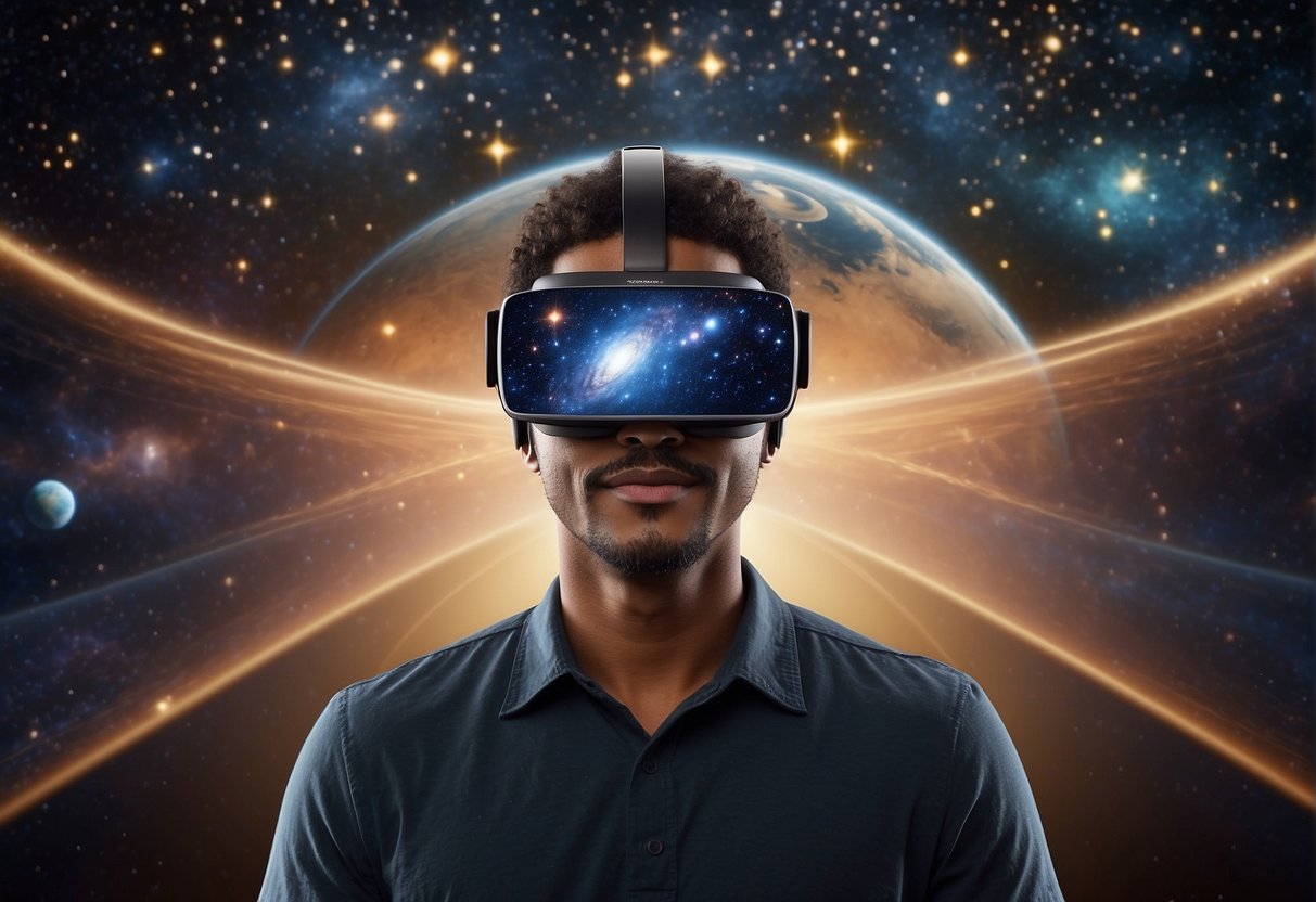 The Universe in Virtual Reality: Virtual reality headset displays cosmic expanse, with stars, planets, and galaxies. User interacts with controls, immersed in the wonders of space