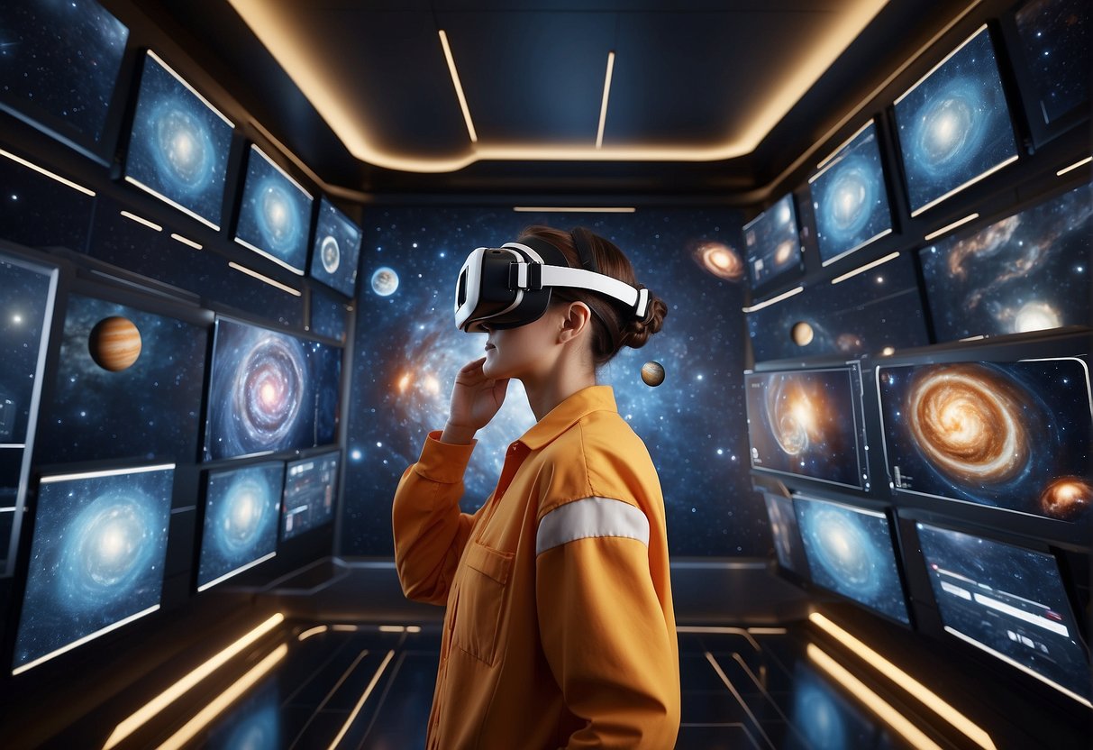 A person wearing a VR headset, surrounded by images of planets, stars, and galaxies. Space agency logos and virtual control panels are visible in the background