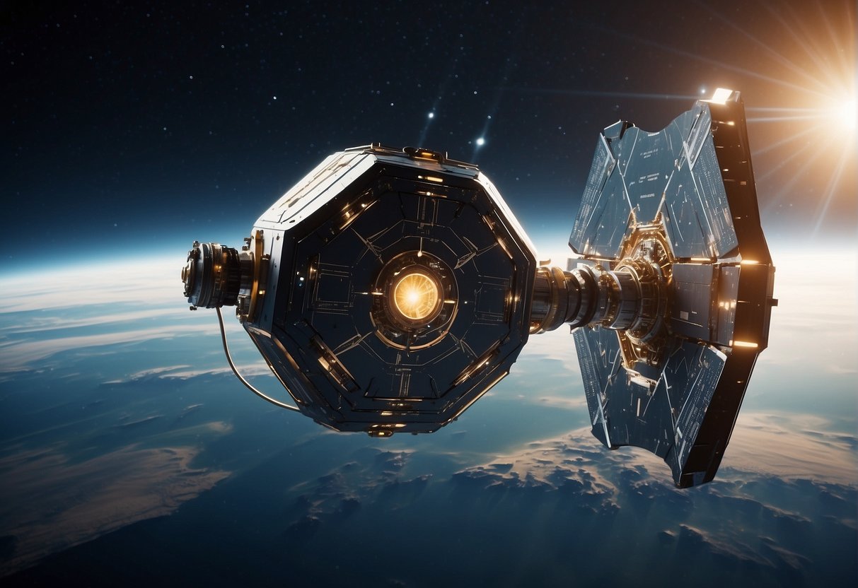 A futuristic satellite sending secure quantum signals to Earth