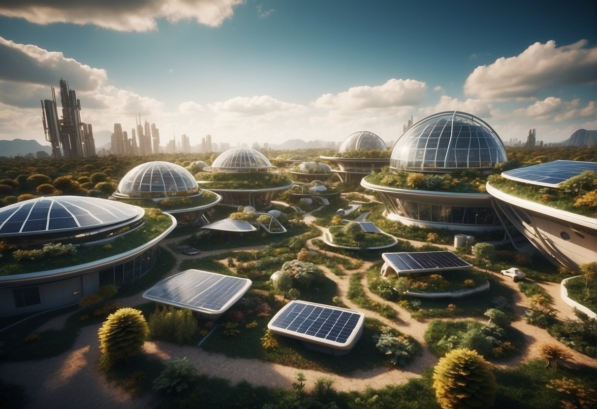A space colony with interconnected modules, greenhouses, and solar panels, showcasing a mix of futuristic technology and sustainable living practices
