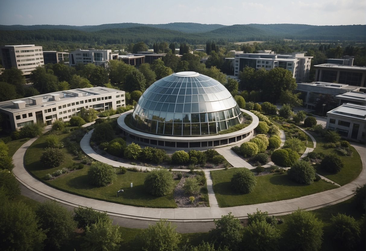 A space colony's central dome houses a council meeting, with various representatives discussing governance, culture, and community. Surrounding buildings and greenery indicate a thriving society