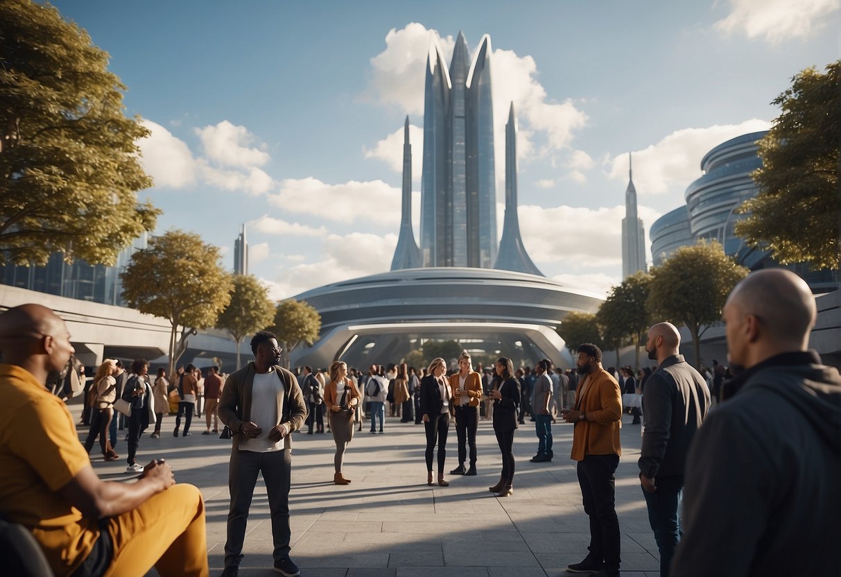 A diverse group of space colonists gather in a central plaza, exchanging goods and ideas, while futuristic architecture looms in the background