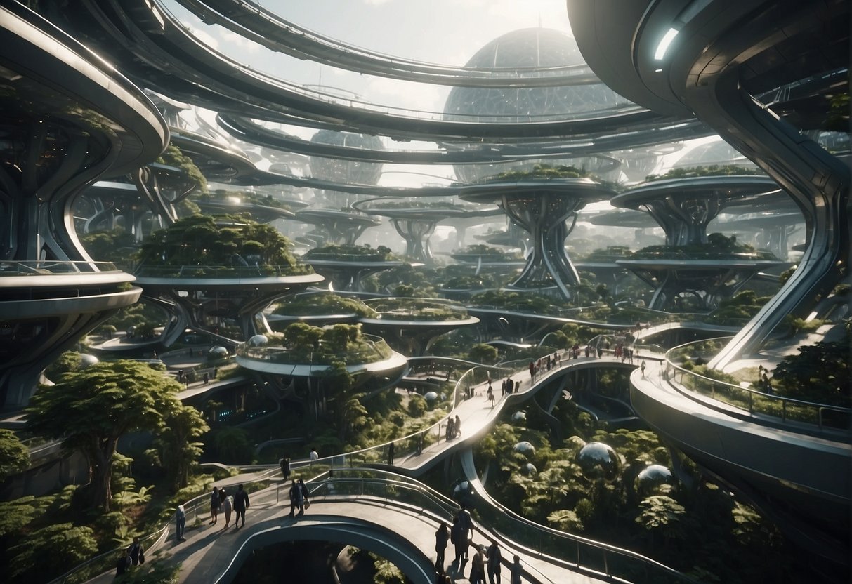 A bustling space colony, with domed habitats and interconnected walkways, surrounded by futuristic technology and greenery. People of various backgrounds and cultures interact and cooperate in this extraterrestrial society