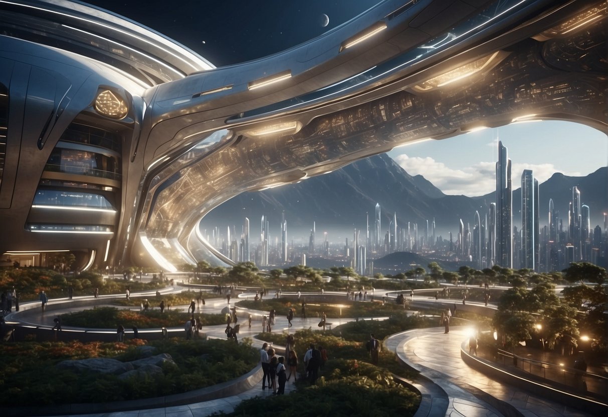 A futuristic space colony with advanced architecture, bustling community, and diverse cultural elements, governed by innovative systems and technology