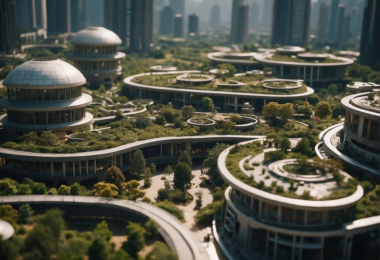 A bustling space colony with diverse architecture and communal spaces, reflecting a blend of cultures and governance systems