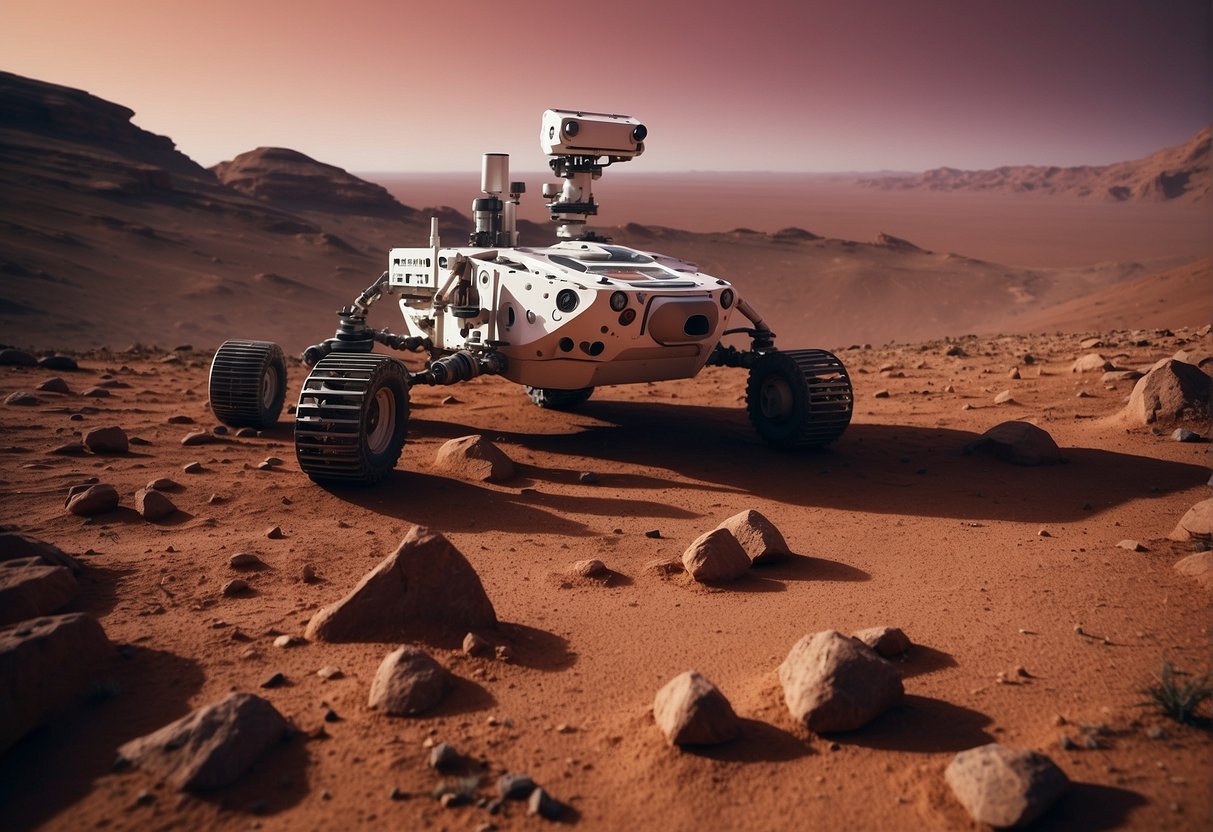 A rover explores Mars' rocky terrain, collecting samples to search for signs of microbial life. The red planet's dusty surface stretches into the horizon under a pink-tinged sky
