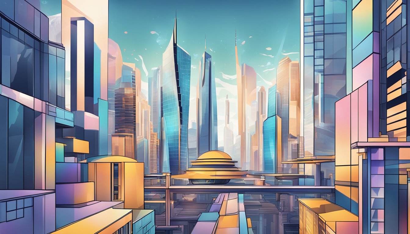 A modern city skyline with a mix of traditional and futuristic architecture, showcasing the contrast between personal and corporate branding in 2024