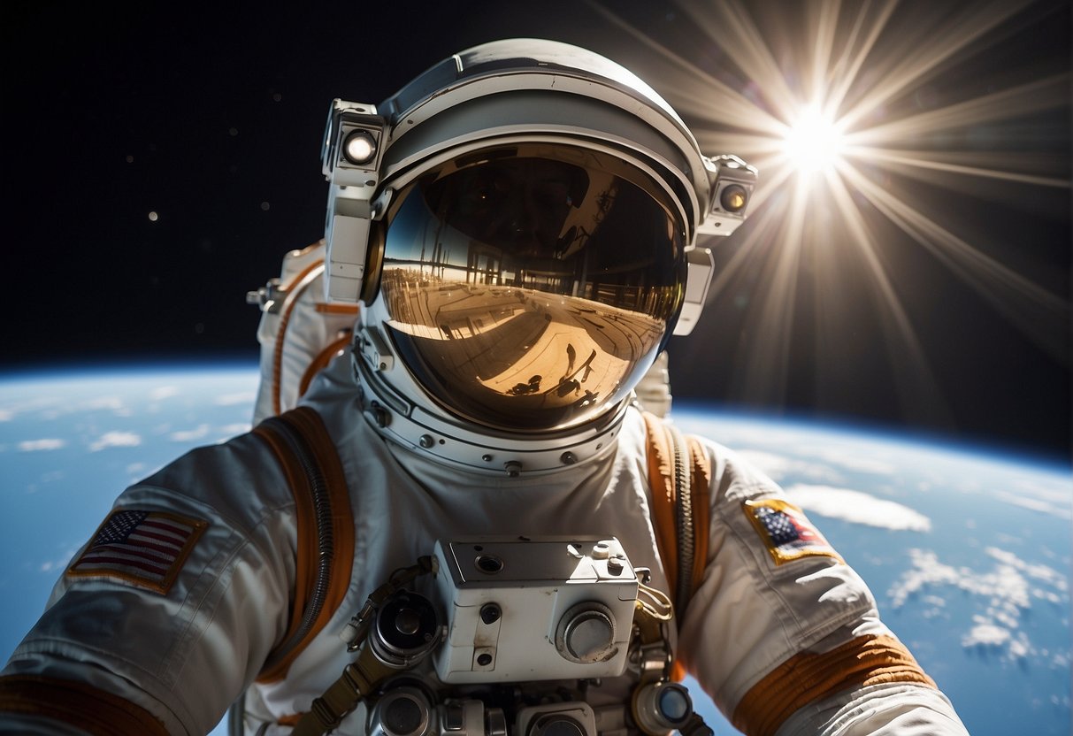 A lone astronaut floats outside the space station, tethered to it, surrounded by the vastness of space. The sun's rays reflect off their helmet as they work on repairing a piece of equipment, showcasing the challenges and triumphs of spacewalking