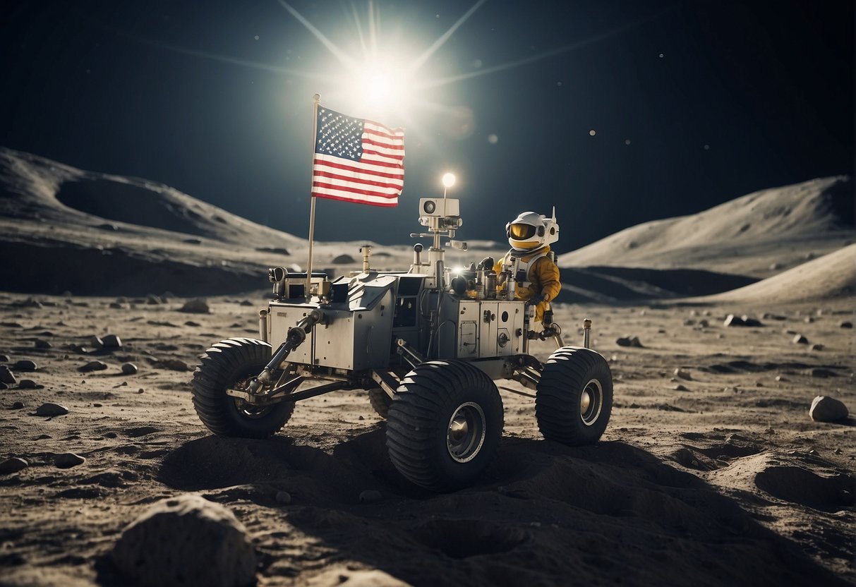 Geopolitics of the Moon: A lunar rover plants a flag on the moon's surface, marking territory for a nation or organization. Nearby, other rovers survey and map the lunar landscape