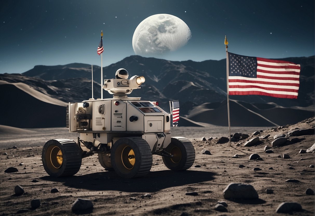 Moon surface with flags planted, spacecraft, and robotic rovers exploring. Craters and mountains in the background, symbolizing territorial claims and geopolitical competition