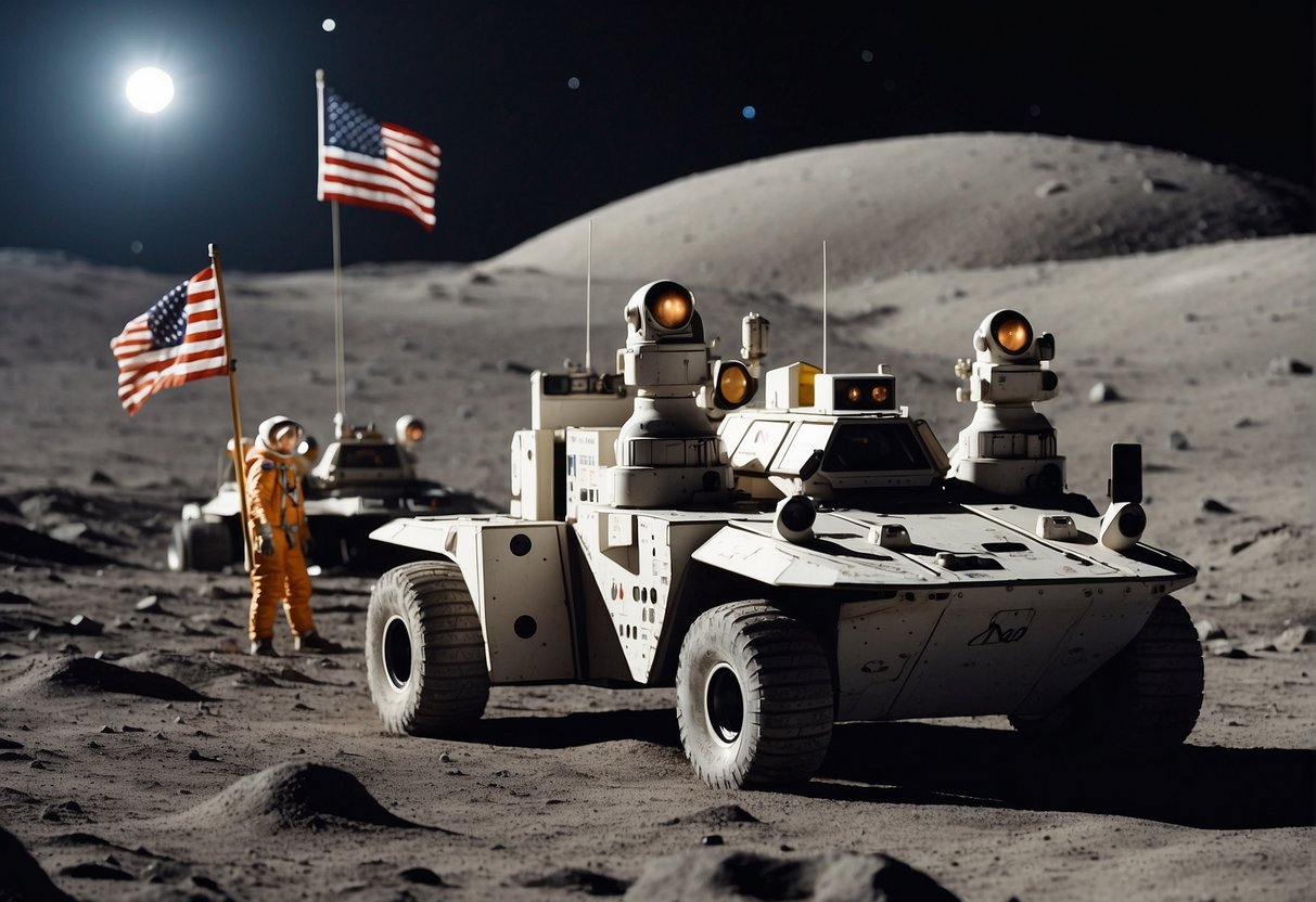 A group of modern space vehicles and equipment on the surface of the moon, with flags and markers indicating territorial claims