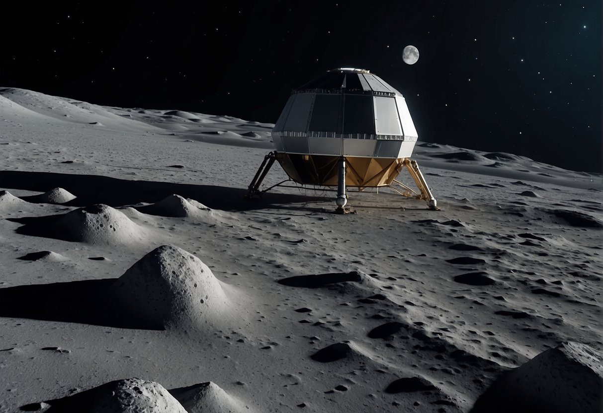 The moon's surface is divided into sectors with various resource-rich areas. Spacecrafts and mining equipment dot the landscape, as nations stake their claims