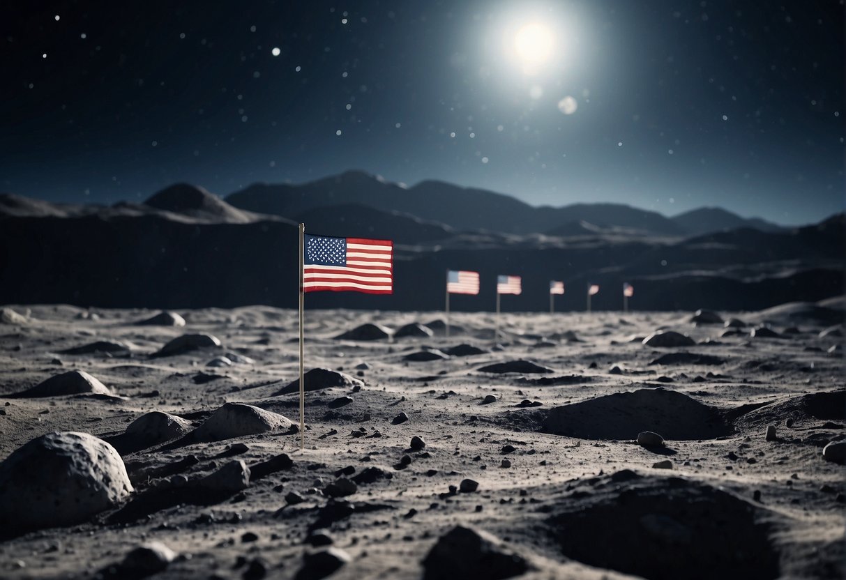 A lunar landscape with flags planted, representing territorial claims in outer space. A map of the moon in the background