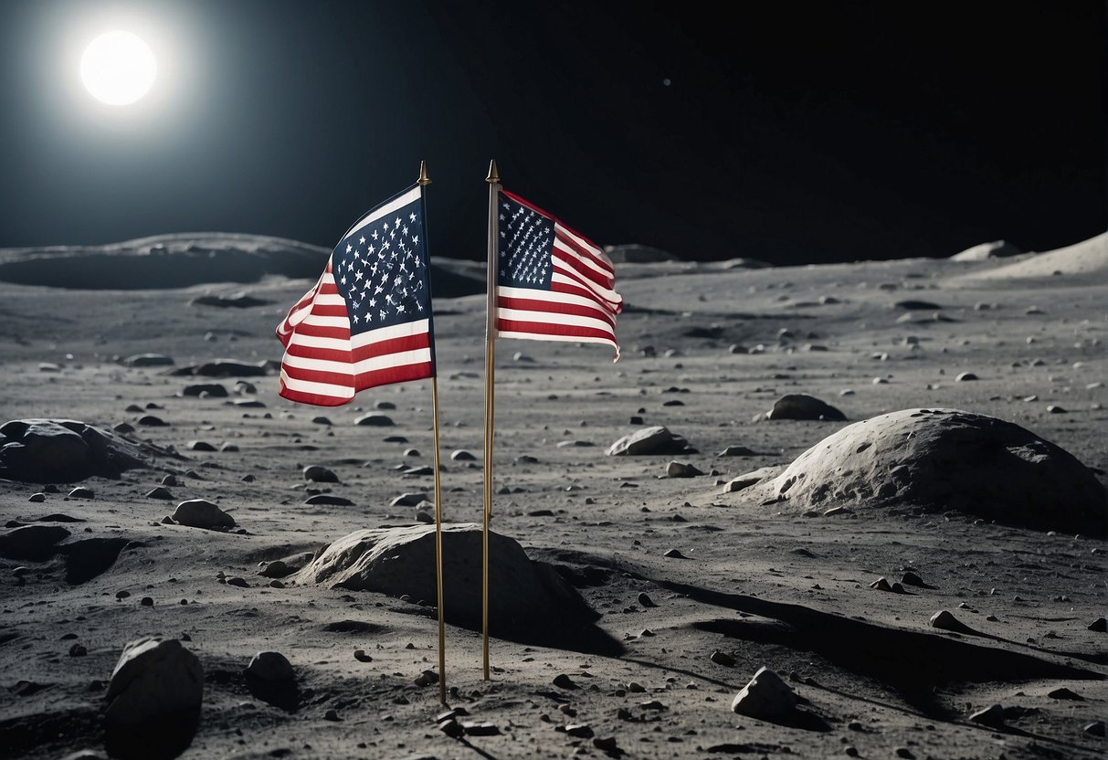 A lunar landscape with multiple nations' flags planted on the surface, signifying territorial claims in outer space. The moon's craters and rocky terrain add to the desolate and otherworldly atmosphere