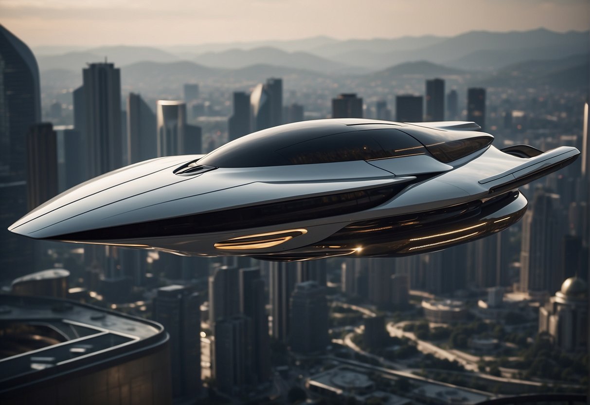 A sleek spacecraft hovers above a futuristic city, its streamlined design blending with advanced technology. The vessel exudes a sense of both beauty and practicality, with smooth curves and intricate engineering details