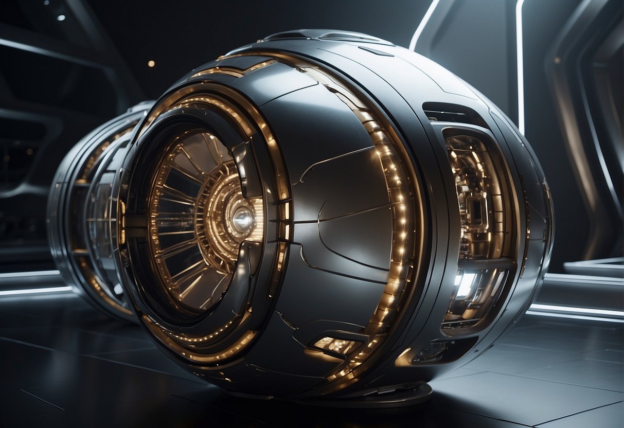 A sleek spacecraft with curved lines and metallic surfaces, featuring large windows and advanced propulsion systems