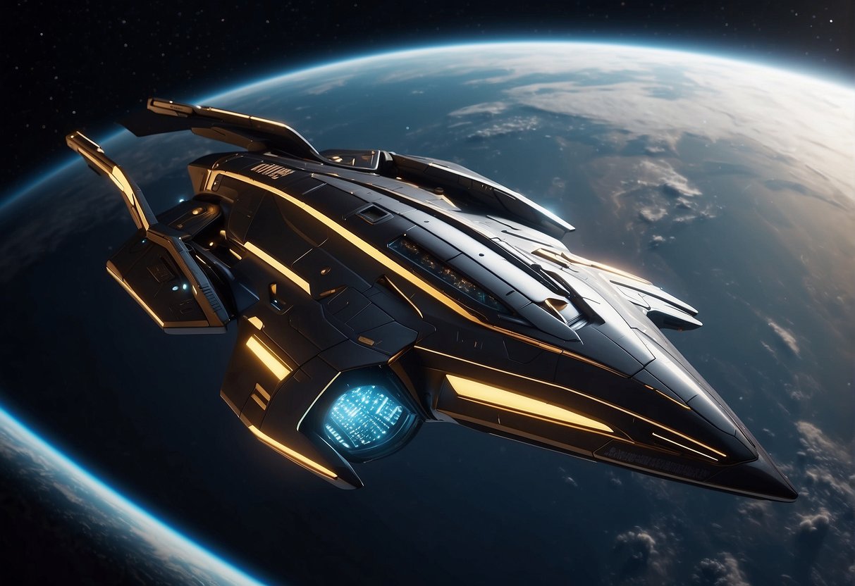 A sleek, futuristic spacecraft hovers against a starry backdrop, with clean lines and advanced technology seamlessly integrated into its design