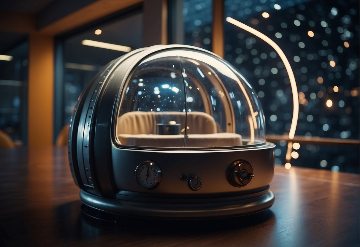 A dimly lit space capsule with a small window, indicating isolation and confinement. A clock on the wall shows the passing of time, highlighting the importance of maintaining circadian rhythms in space