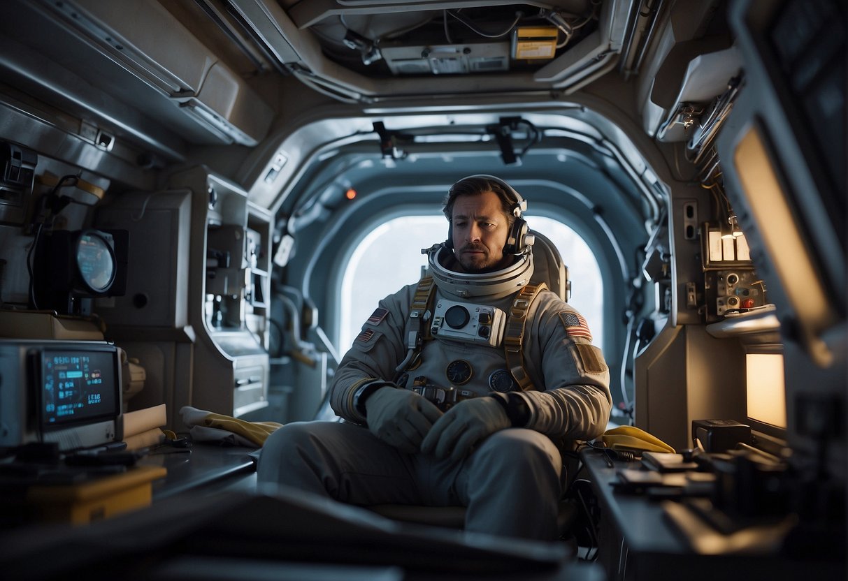 An astronaut sits in a small, isolated space station, surrounded by high-tech equipment. They engage in mental health exercises to cope with the psychological challenges of isolation and confinement