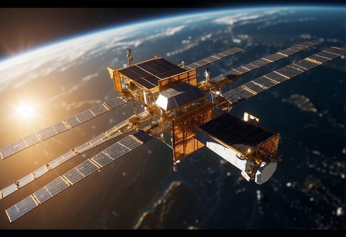 A network of satellites orbiting Earth, with solar panels gleaming in the sunlight, surrounded by space debris and guided by advanced tracking technology