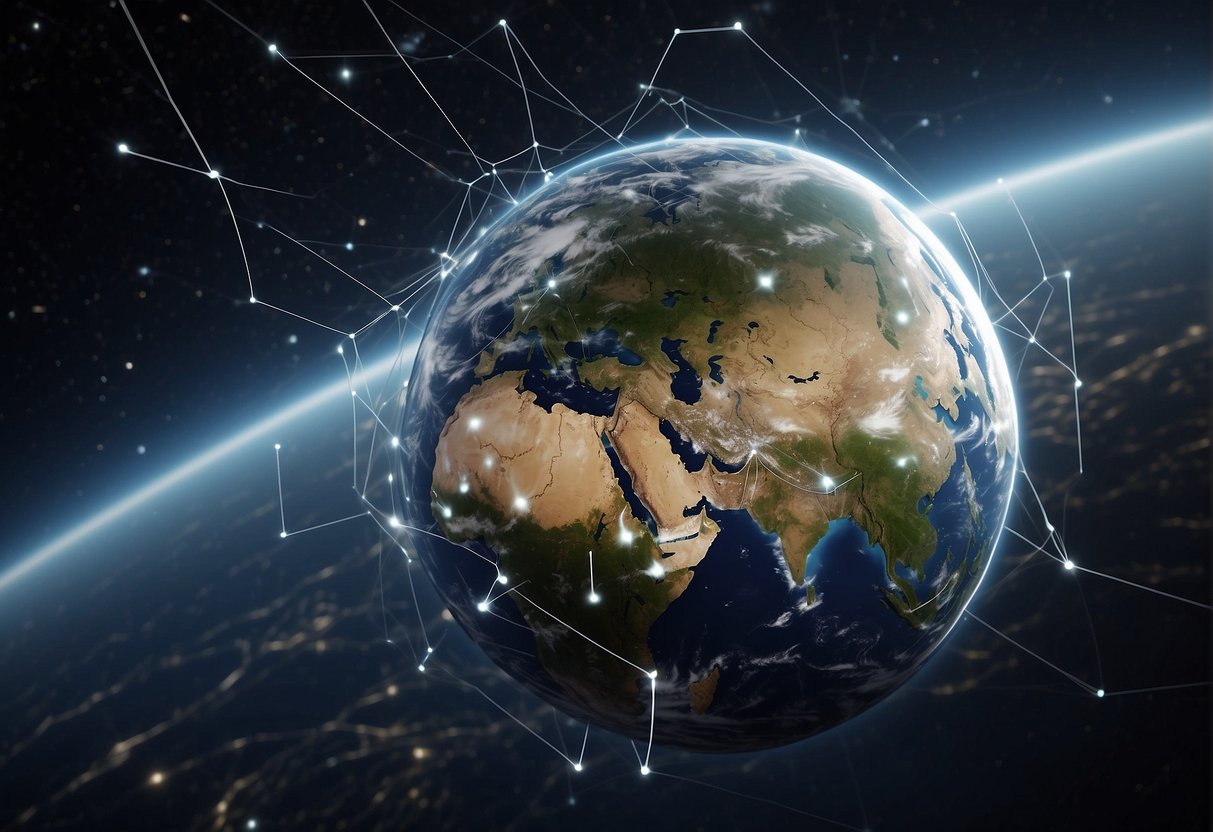 A network of satellites orbiting Earth, forming a constellation pattern with interconnected lines of communication and data transmission