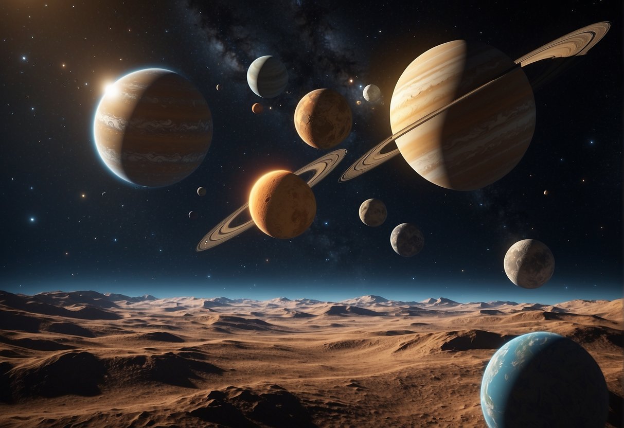The Solar System: Planets orbiting the sun, with moons and asteroids. A spacecraft explores a distant planet. Stars and galaxies fill the background