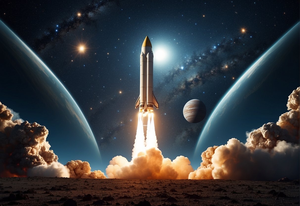 A rocket launches into the vast expanse of space, leaving Earth behind. Planets and stars dot the cosmic landscape, showcasing the challenges and impact of space exploration