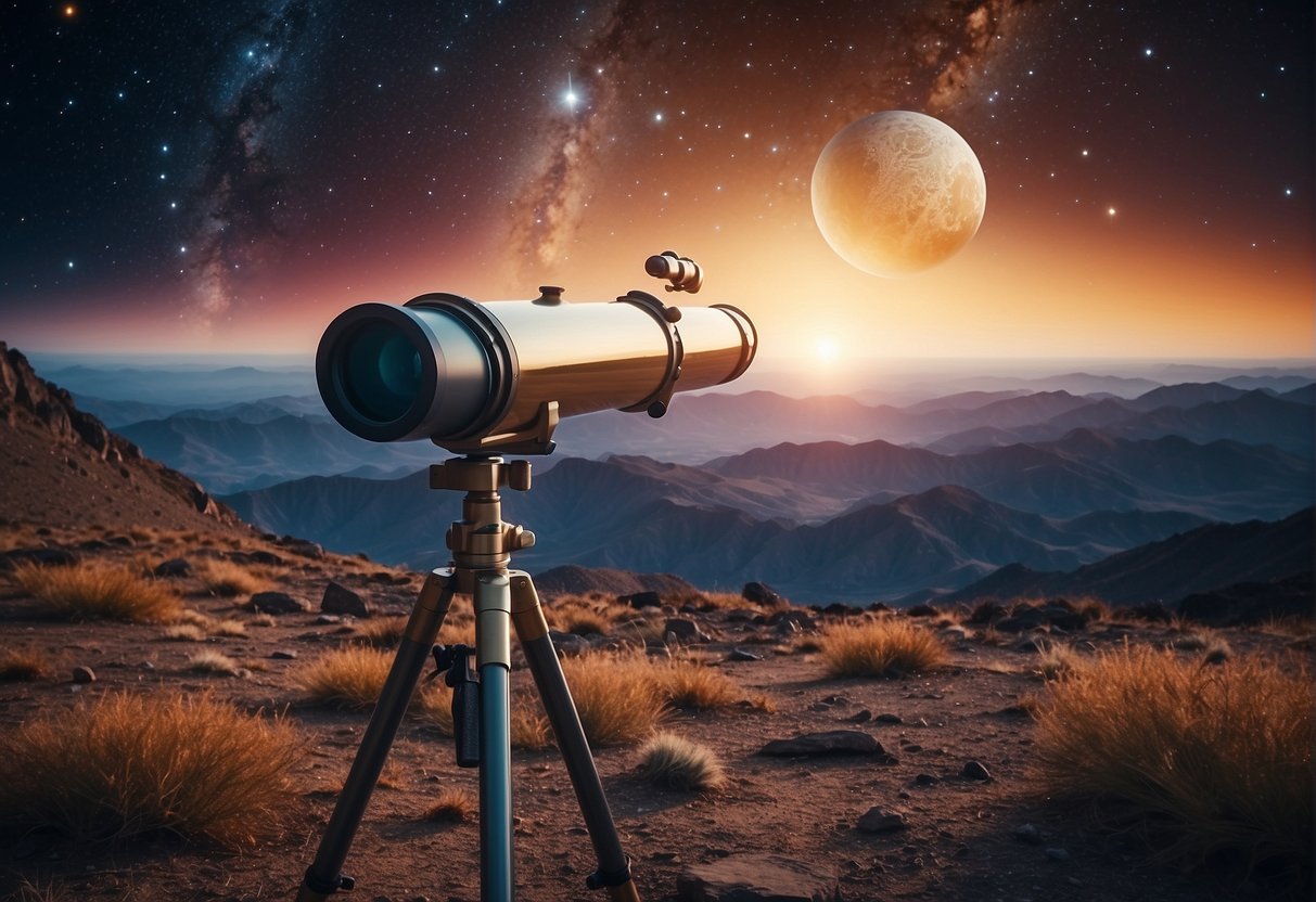 A telescope points towards a colorful, distant planet, surrounded by stars and galaxies, symbolizing the ongoing exploration of planetary science in modern astronomy