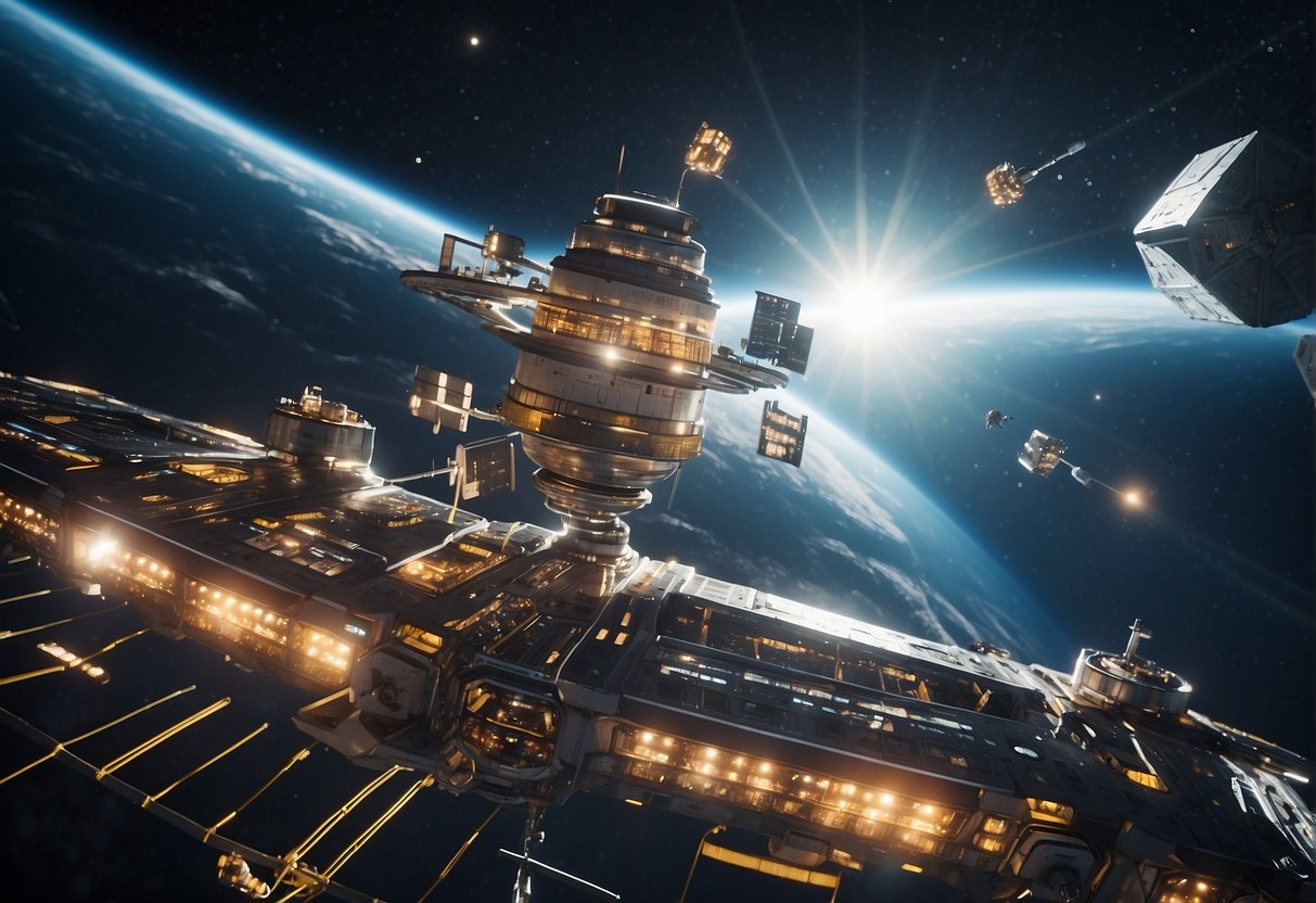 A bustling space station with spacecraft and satellites trading cryptocurrencies for resources and services