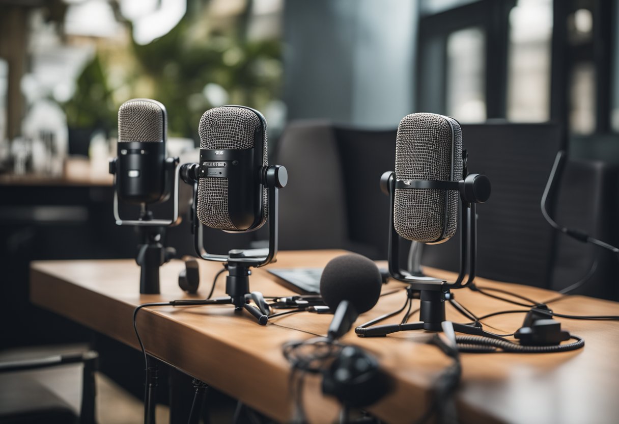 A table with multiple high-quality podcast microphones arranged neatly, with cables and pop filters nearby