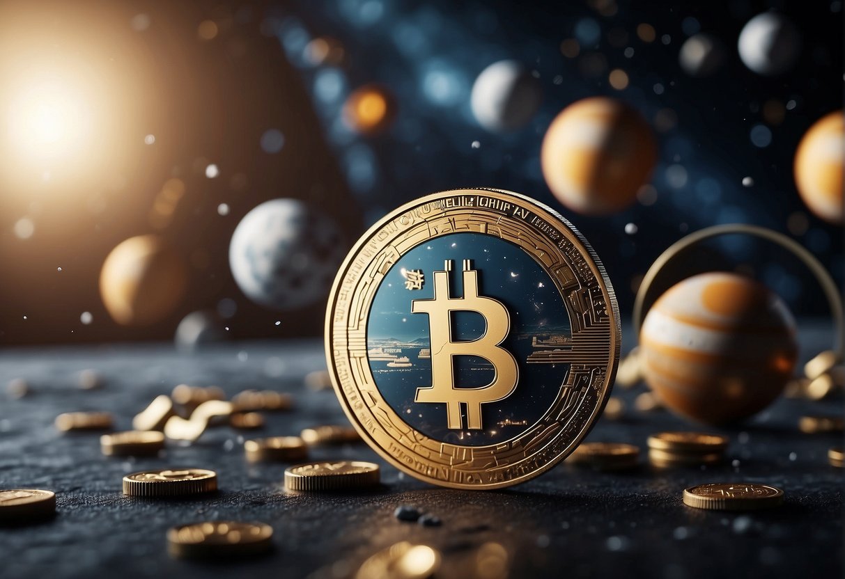 Cryptocurrencies fueling space missions, with rockets launching and digital currency symbols orbiting planets