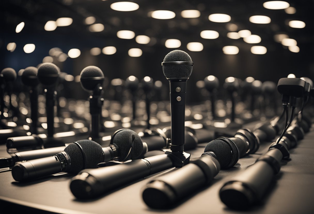 A table with multiple high-quality conference microphones arranged neatly on its surface