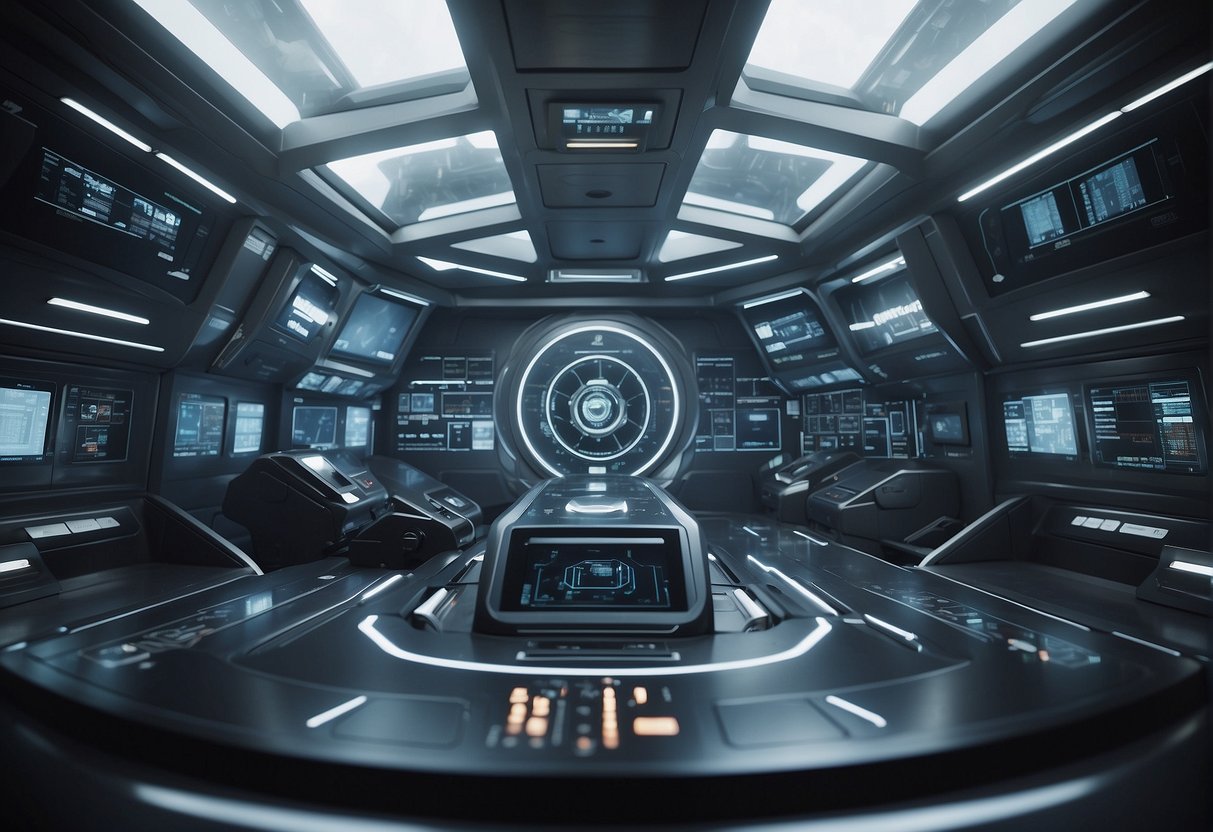 A futuristic space station with digital currency transactions being monitored by security systems
