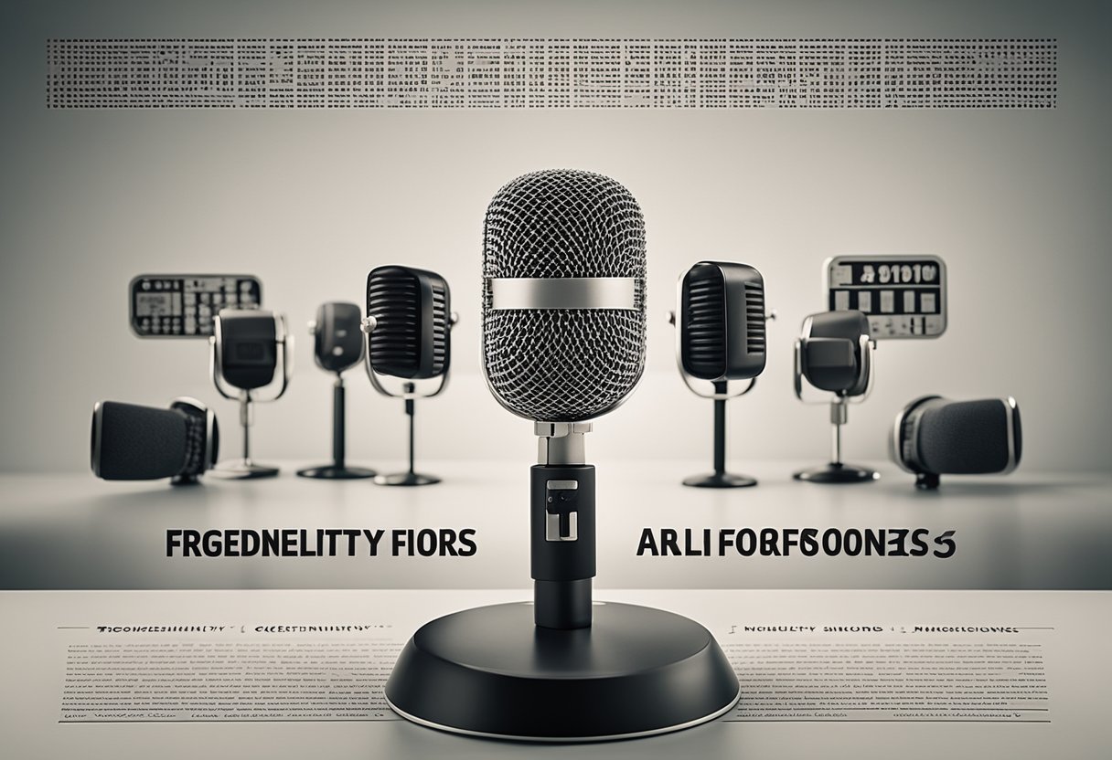 A desk with various microphones displayed, surrounded by question marks and a title "Frequently Asked Questions melhores microfones de mesa"